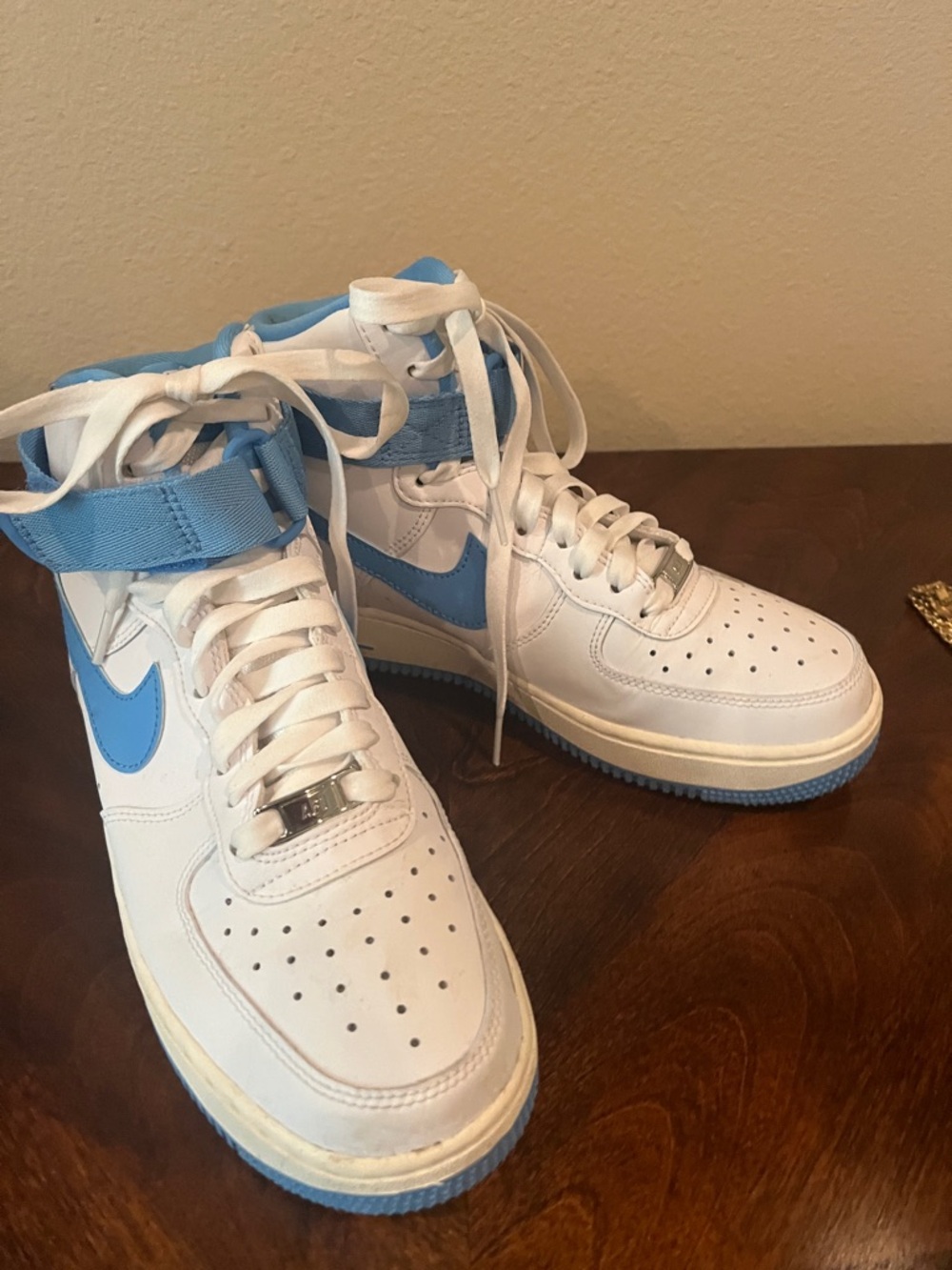 Nike White and Light Blue High-Top Sneakers
